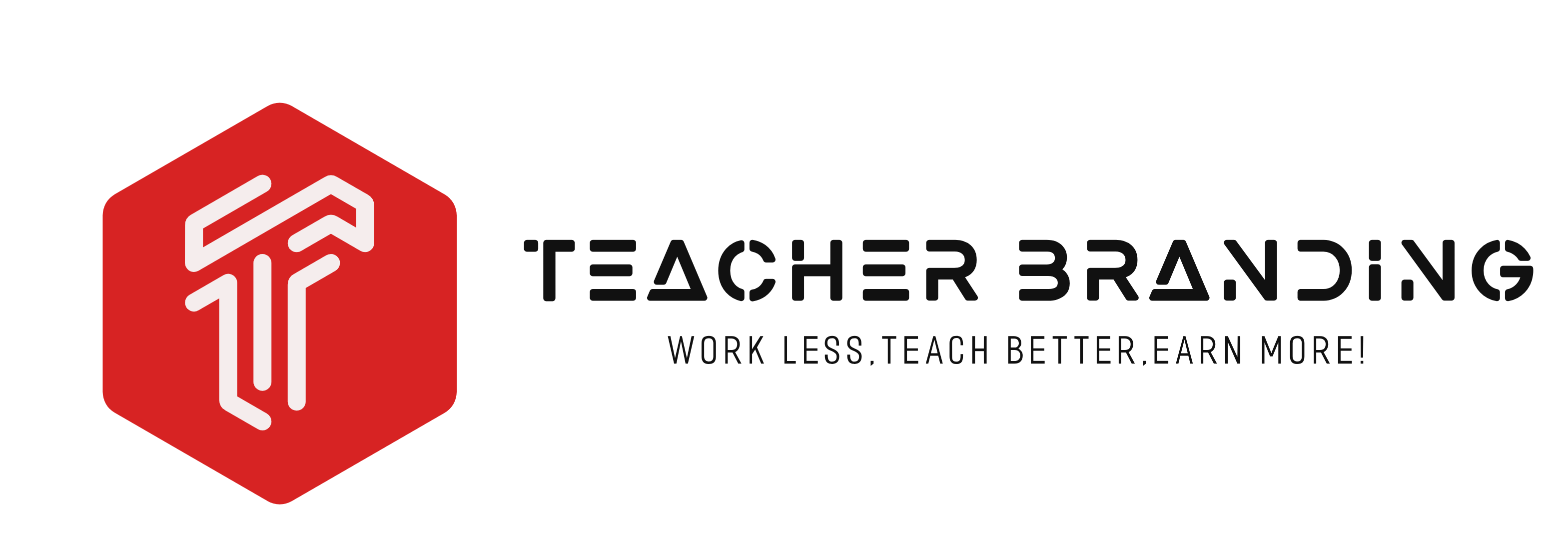 Teacher Branding Academy logo with a white 3D "T" inside a red hexagon, black text, and a transparent background.